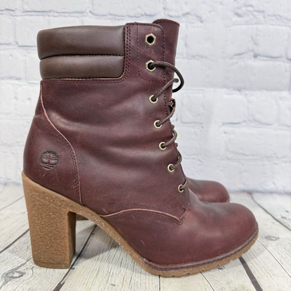 Timberland Tillston 6 Bootie Women Size 8.5 Brown High Heel Block Steampunk Boot